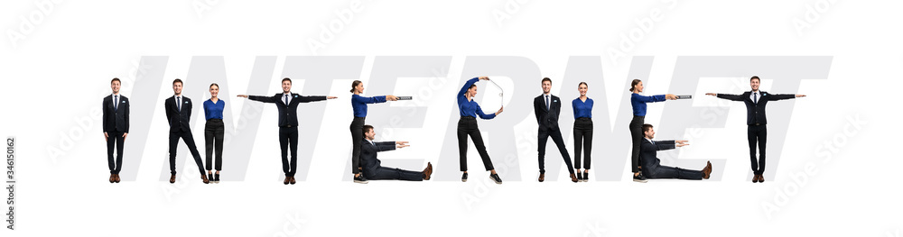 Group of people forming internet word at studio Group of people forming internet word at studio