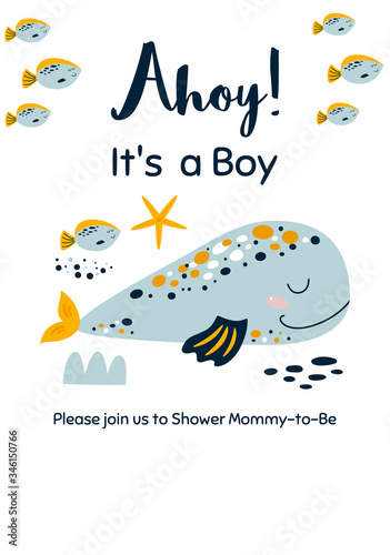 Fototapeta Naklejka Na Ścianę i Meble -  Whale baby shower invitation Ahoy Its a Boy Nautical Baby Shower invite card design Cute whale sea animal illustration