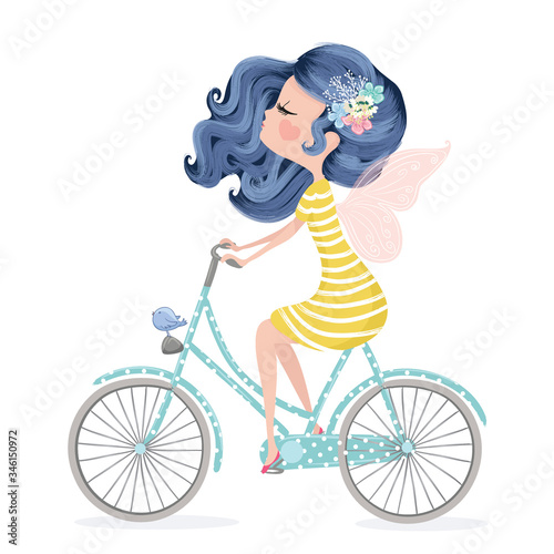 Cute fairy on bike with little bird, vector illustration for kids.