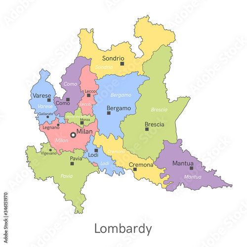 Vector illustration: administrative map of Lombardy with the names of cities and provinces.