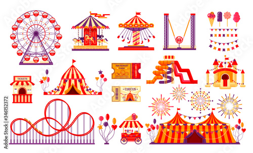 Circus carnival elements set isolated on white background. Amusement park collection with fun fair, carousel, ferris wheel, tent, roller coaster, baloons, tickets. Vector illustration