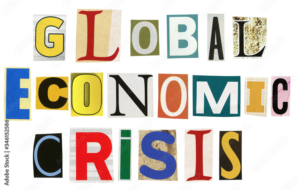 Global economic crisis text made of newspaper clippings Global economic crisis text made of newspaper clippings