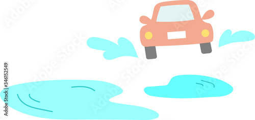 車と水たまりのイラスト