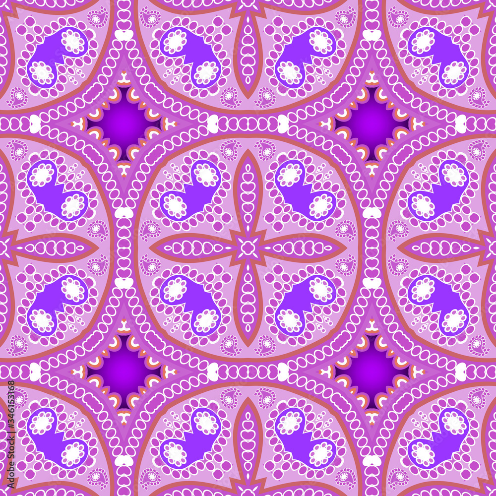 Colorful ethnic vector Paisley seamless pattern. Ornamental abstract folk background. Repeat decorative tribal lacy backdrop. Floral pink lace ornaments. Geometric shapes, frames, paisley flowers