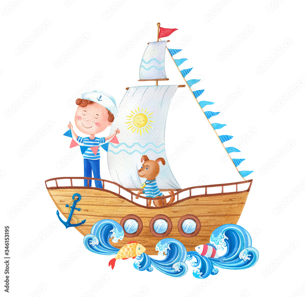 Obraz The little sailor with flags and dog on wooden ship.A cute cartoon boy in a marine suit .Isolated cartoon