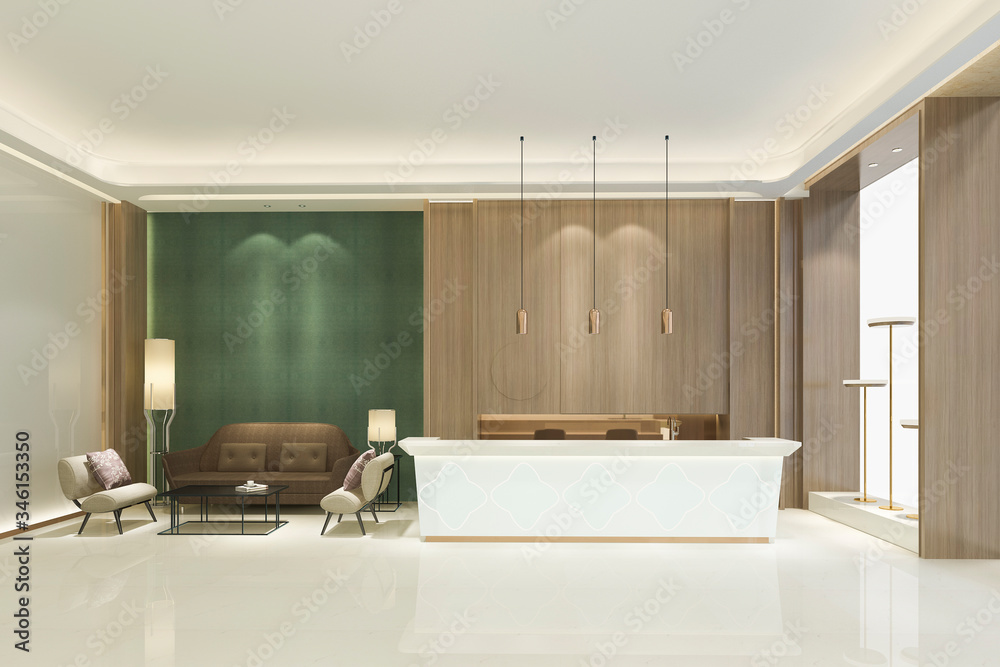 3d rendering grand luxury hotel reception hall with green tone asian style