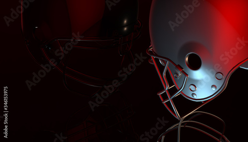 American football helmets and trophy ball on black dark background  3d rendering
