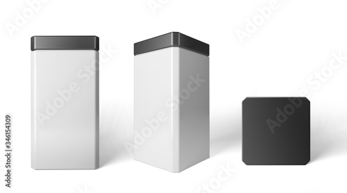 Set of white large cans in different angles. 3d mockup.