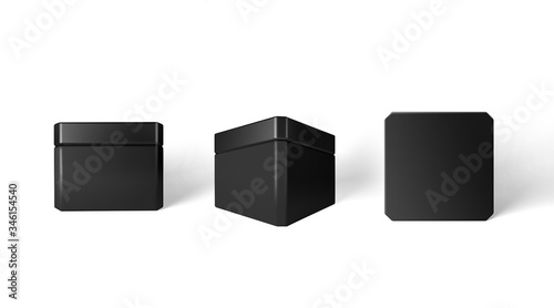 Set of black small cans in different angles. 3d mockup.