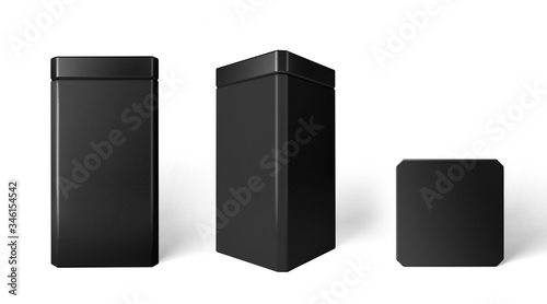 Set of black large cans in different angles. 3d mockup.