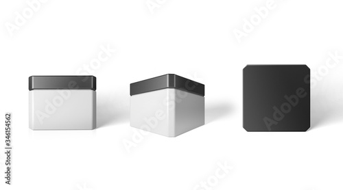 Set of white small cans in different angles. 3d mockup.
