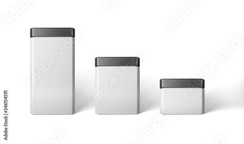 Set of white cans of different sizes. 3d mockup.