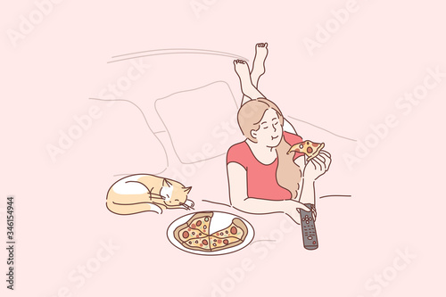 Home rest, pet, leisure time concept. Young happy woman cartoon character or girl lies on bed at home with pet cat eats pizza and watching television. Recreation and relaxation lifestyle illustration.
