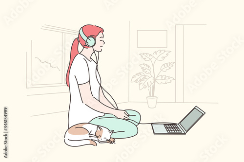 Music, meditation, dream, relax concept. Young smiling calm woman girl cartoon character sits floor with headphones and cat pet listening audio and dreaming. Home reacreation and leisure time spending