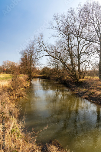 Beautiful landscape of CHKO Poodri in Czech republic with Odra river, trees and meadows