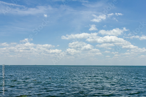Wide open shot of a calm ocean with cloudy blue sky on Florida coast