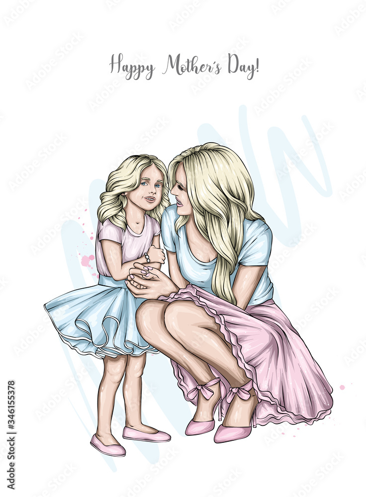 Mom and daughter in identical dresses. Family look. Fashion and style, clothes and accessories. Girl and woman. Mothers Day. Mom and daughter in identical dresses. Family look. Fashion and style, clothes and accessories. Girl and woman. Mothers Day.