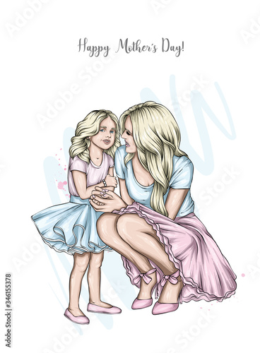 Mom and daughter in identical dresses. Family look. Fashion and style, clothes and accessories. Girl and woman. Mothers Day.