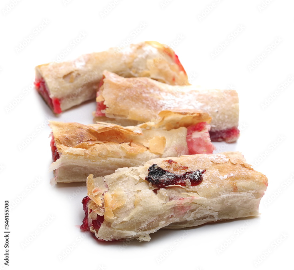 Cherry pie slices, dessert pastry rolls isolated on white background Cherry pie slices, dessert pastry rolls isolated on white background