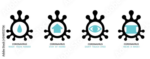 virus , bacteria , microbe icon shape set , group of schematic pictures of medicine icons with text recommendation signs for quarantine at self isolation stay home period . vector