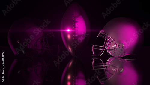 American football helmets and trophy ball on black dark background, 3d rendering © Michal Šteflovič