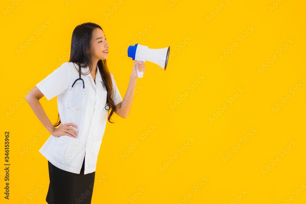Portrait beautiful young asian doctor woman use megaphone Portrait beautiful young asian doctor woman use megaphone