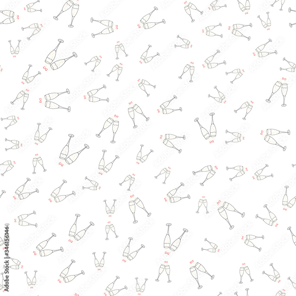 Pattern, seamless background. Two glasses of wine, champagne, bubble drink. Two hearts as a symbol of love. Doodle vector illustration. Black lines on a white background. Pattern, seamless background. Two glasses of wine, champagne, bubble drink. Two hearts as a symbol of love. Doodle vector illustration. Black lines on a white background.