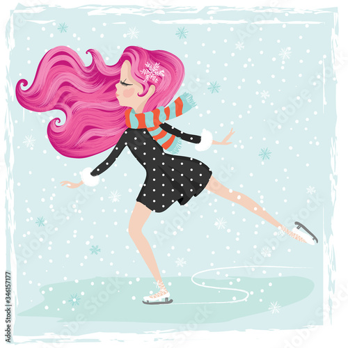 Beautiful girl sckating with snowflakes vector illustration for kids, children books, fashion artworks, prints, greeting cards.