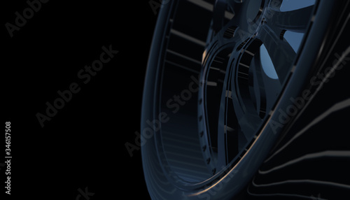 Aluminium on shadow and light rim of luxury car wheel. Various material and background, 3D render © Michal Šteflovič