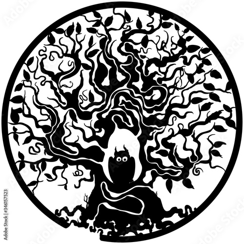 Owl in a tree maze/ Illustration bizarre decorative labyrinth in a circle