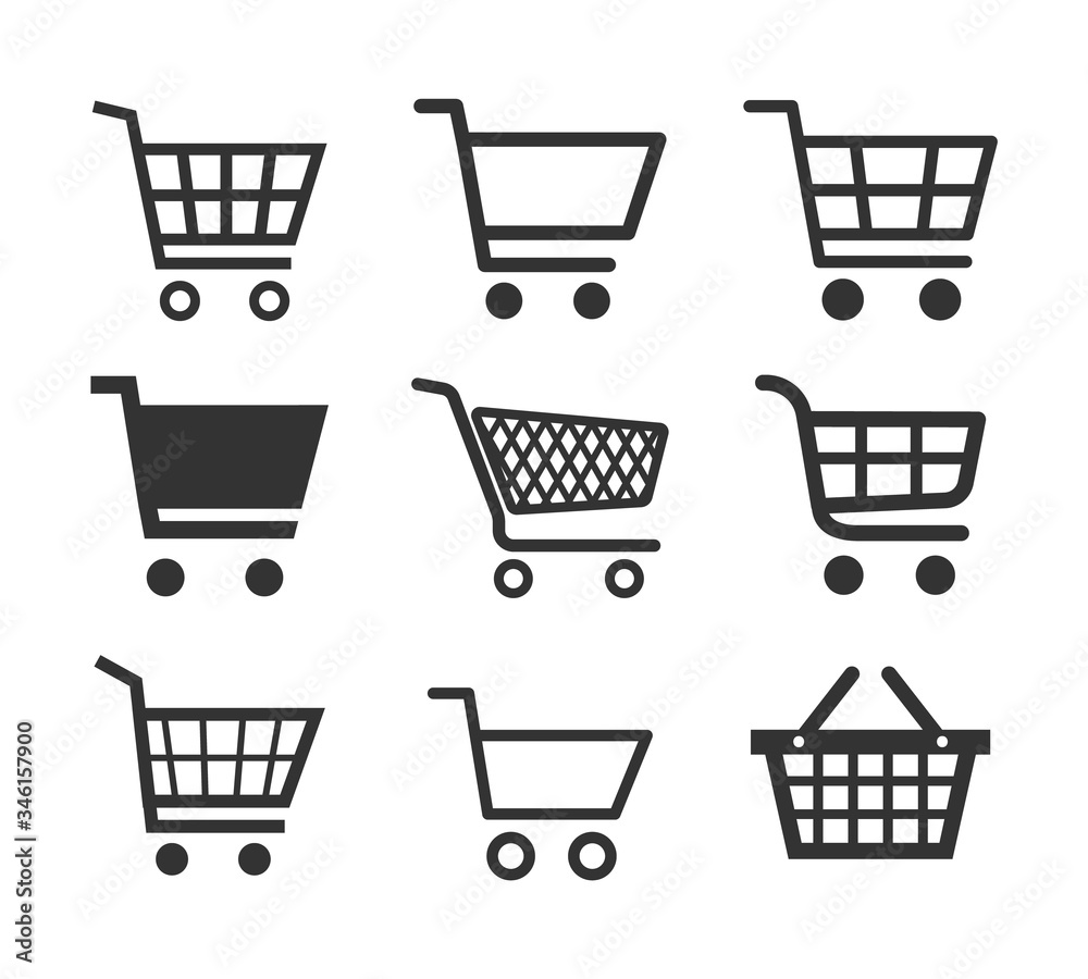 shopping cart icon set, trolley signs for internet shop