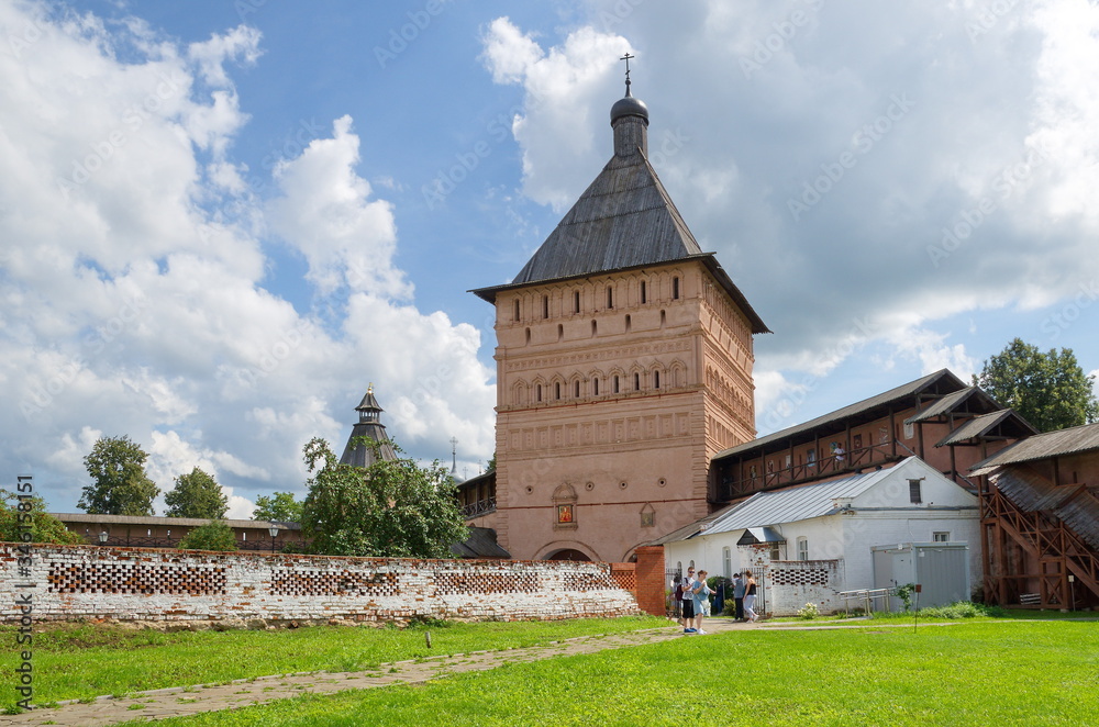 Suzdal, Russia - July 26, 2019: Spaso-Evfimiev monastery. View of the Entrance (Travel) tower. Golden ring of Russia