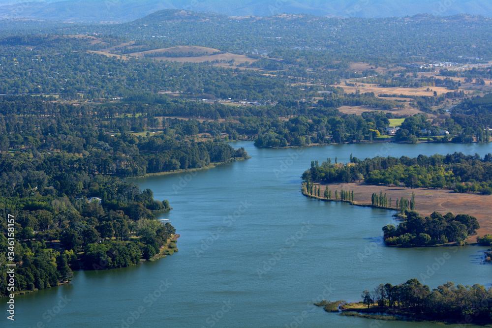 Aerial landscape view of Lake Burley Griffin in  Canberra the capital city of Australia