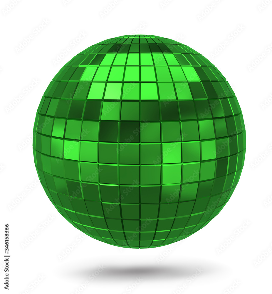 Green metallic polygonal sphere isolated on white background. Green disco mirror ball. 3D rendering Green metallic polygonal sphere isolated on white background. Green disco mirror ball. 3D rendering