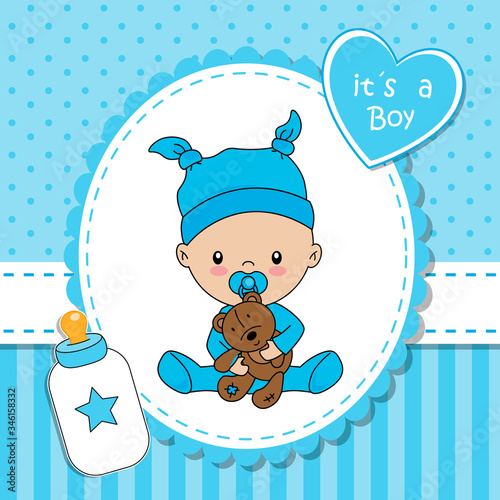 Baby shower card.  Baby boy with teddy bear