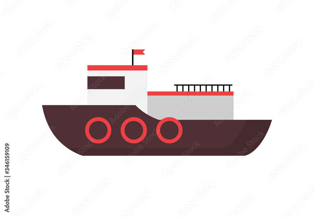 Ferry boat with flag. Vessel, public transport, navigation. Can be used for topics like tourism, cruise, port
