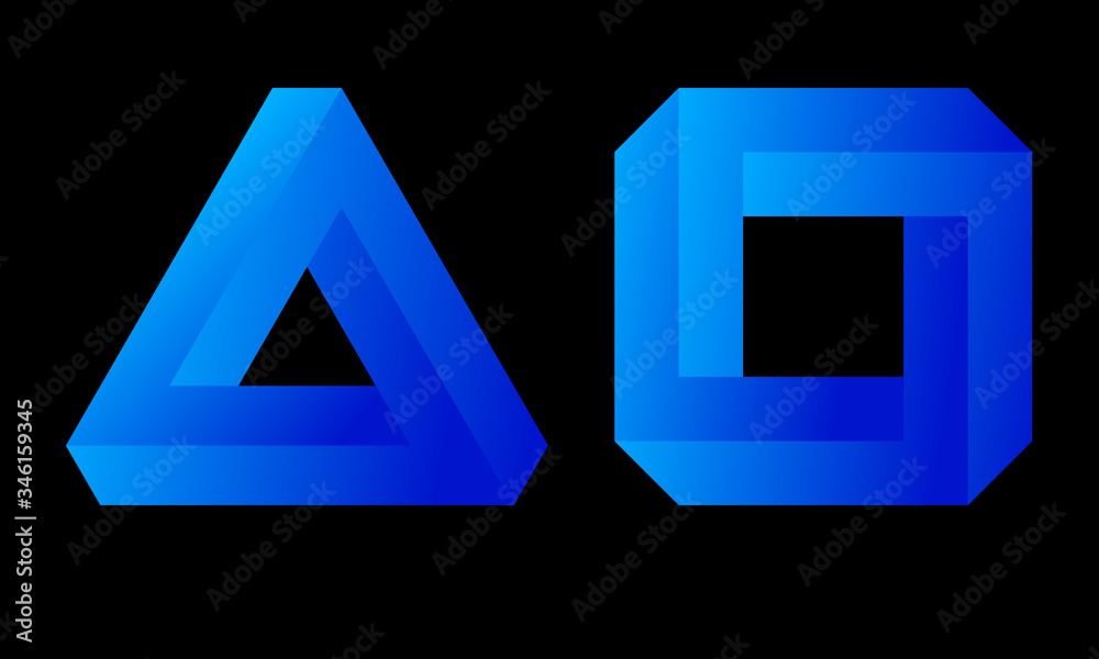 Penrose triangle and square or Penrose tribar, or the impossible tribar with gradient on black background. Penrose triangle and square or Penrose tribar, or the impossible tribar with gradient on black background.