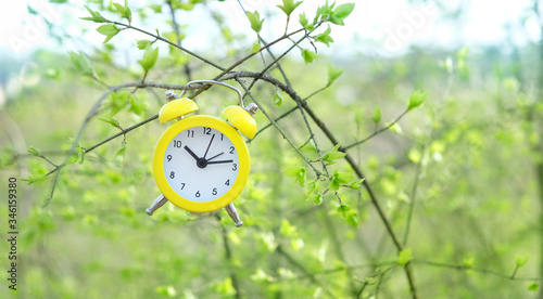 clock alarm on green nature background. spring or summer season. save earth, environment day concept. copy space.