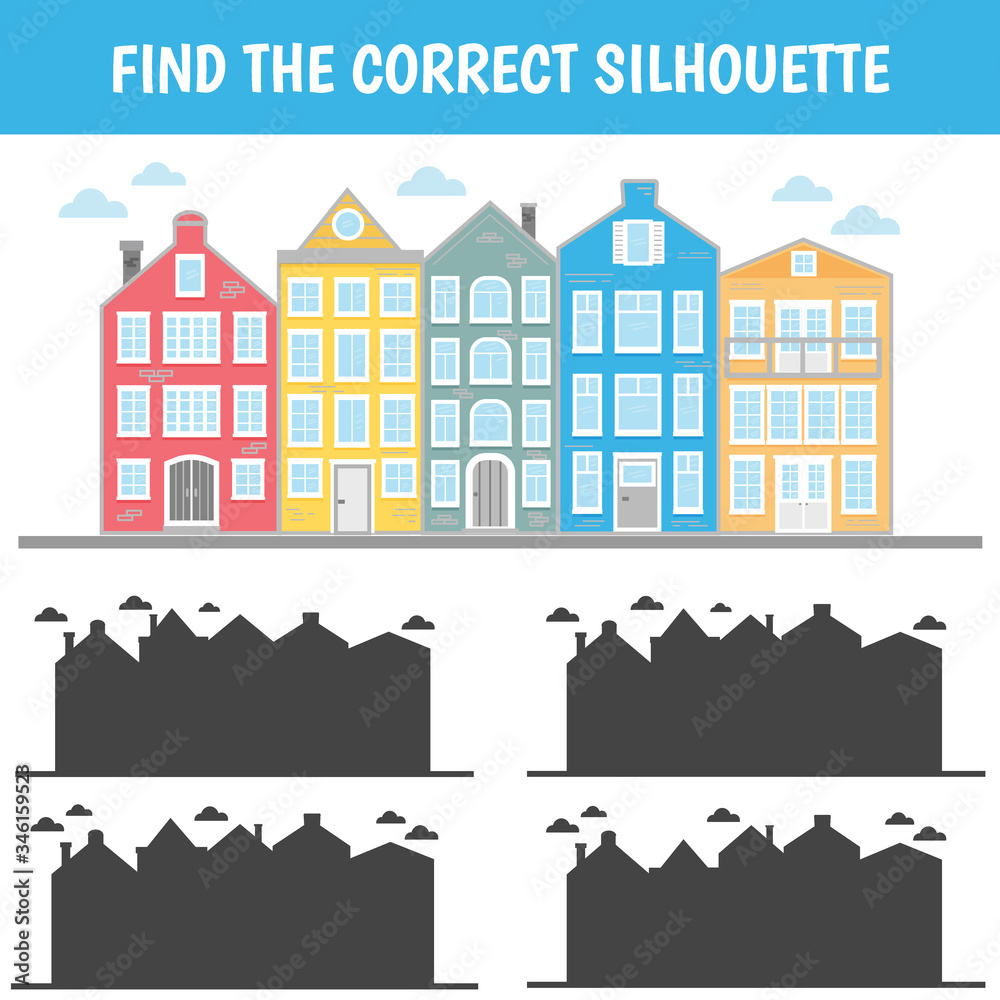 Find the correct silhouette of the house. A game for children and adults. Vector.