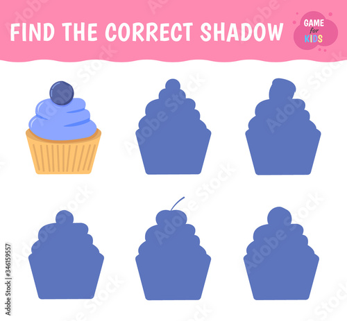 Education game for kids. Find the correct shadow. Cupcake with berries.  Vector illustration