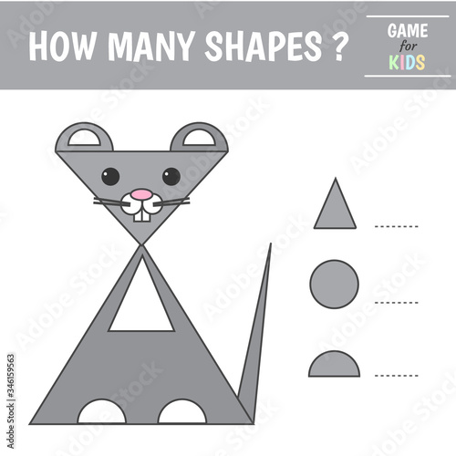 Educational game for kids. Geometrical figure mouse. Count  circles, triangles, semi-circles. Preschool worksheet activity. Vector illustration