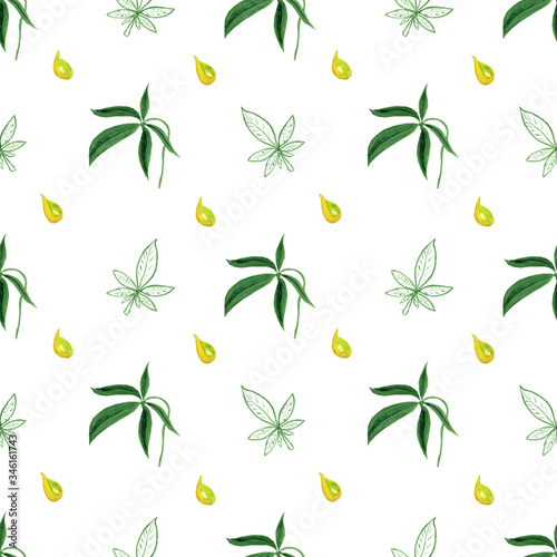 Seamless pattern with cannabis leaves and oil. Watercolor gouache hand drawn illustration in realistic style. Concept of cosmetics skin care production, cooking, drugs and business.