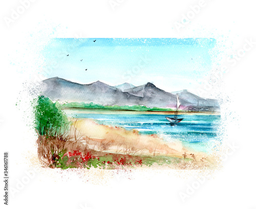 Watercolor painting of Vintage sea side sketch art illustration photo