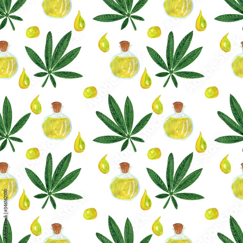 Seamless pattern with cannabis leaves and oil. Watercolor gouache hand drawn illustration in realistic style. Concept of cosmetics skin care production, cooking, drugs and business.