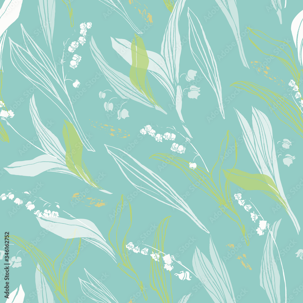 Fototapeta premium Vector graphic botany lily of the valley pastel pattern with hand drawn outline and shape on teal background. Nature background. Surface pattern design.