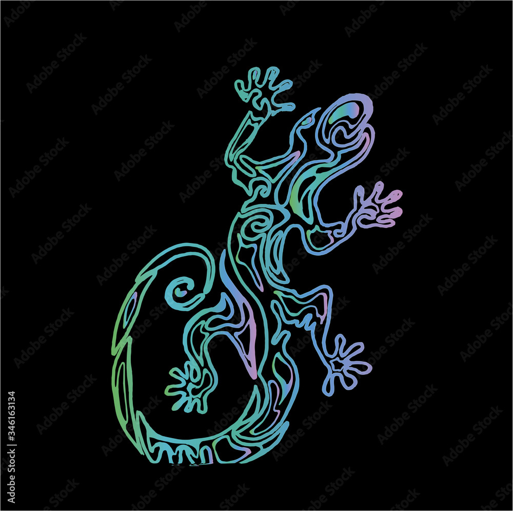 Color illustration of a lizard with an ornament inside. Ancient reptile.