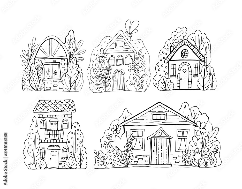 Hand drawn doodles cartoon houses set in the village. Black and white cute  bulding line art vector illustration. Stock Vector | Adobe Stock