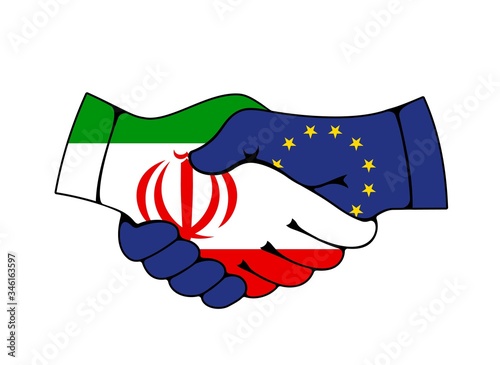 European Union and Iran partnership, vector handshake with flags. Iranian and European Union countries agreements, trade, economics cooperation, diplomacy and politics relationship