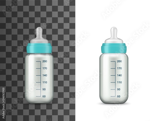 Baby feeding milk bottle, vector realistic 3D mockup template. Newborn baby care, milk feeding bottle with child nutrition liquid, pacifier, blue color cap and volume measure scale