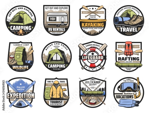 Camping and hiking sport tourism and outdoor adventure travel equipment vector icons. River rafting, kayaking and scuba diving club, skiing, mountain expedition and fishing, summer and winter tourism